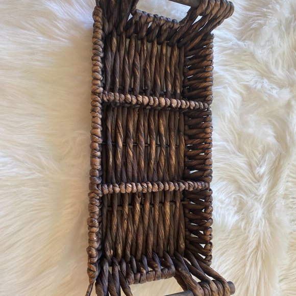Brown Wicker Woven Condiments Serving Tray w/ 3 Fitted White Dishes NWOT - Picture 10 of 13